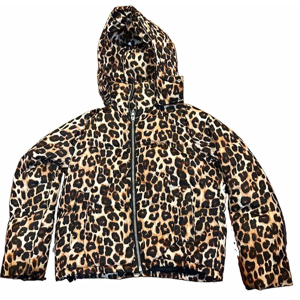 NA-KD Girls Leopard Print Hooded Puffer Jacket Full Zip Brown/Black 34